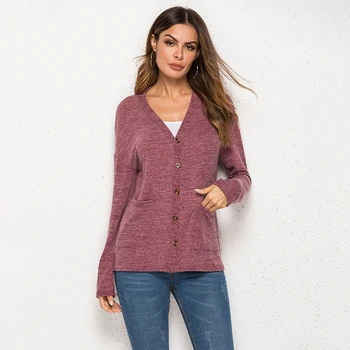 

2019 New Fashion Pockets Button V Neck Single Breasted Regular Casual Spring Autumn Women Solid Color Long Sleeve Sweaters