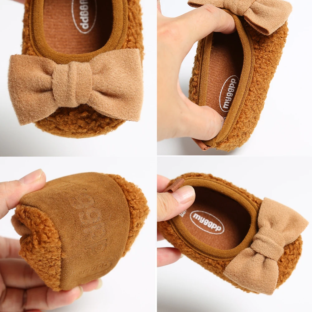 Осенне-зимняя детская обувь с бантом; обувь для маленьких мальчиков и девочек; флисовая мягкая подошва для младенцев; пинетки для новорожденных; 0-18 месяцев