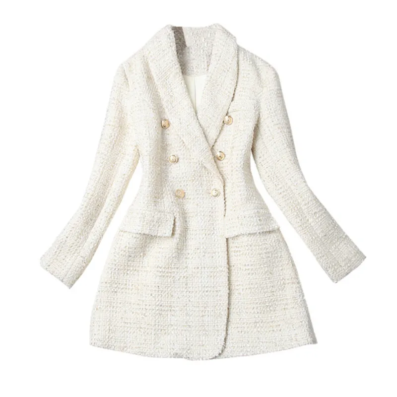 

Luxury Small Fragrance Women Double-Breasted Tweed Notched Collar Jacket Slim Fashion Autumn And Winter Patchwork Jacket Coat