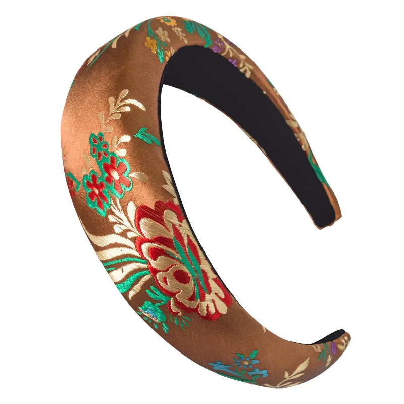 AWAYTR новая атласная вышитая губчатая повязка на голову для женщин утолщенная лента для волос китайский стиль Цветочная текстура широкий контур волос аксессуары для волос - Цвет: Thick-Coffee