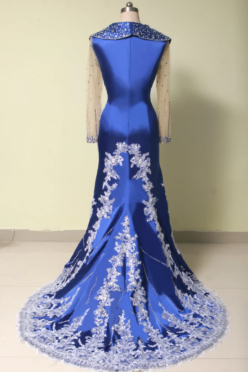 Long Sleeve Royal Blue Long Evening Gowns Long Lace appliques beading Dubai Kaftan Arabic prom Mother of the Bride Dresses