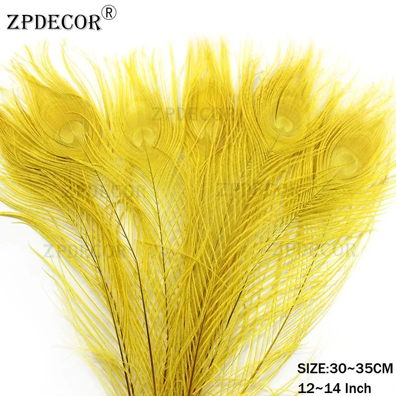 Zpdecor 30-35 см Перья павлина для поделок - Цвет: Цвет: желтый