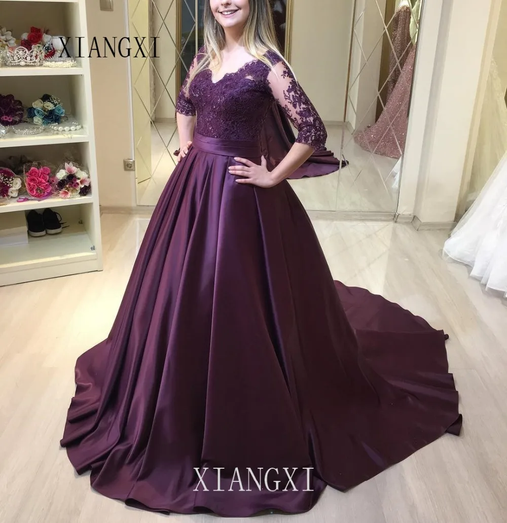 Фиолетовые Вечерние платья Vestidos, длинное атласное кружевное вечернее платье в пол с бисером,, вечерние платья Robe de soiree