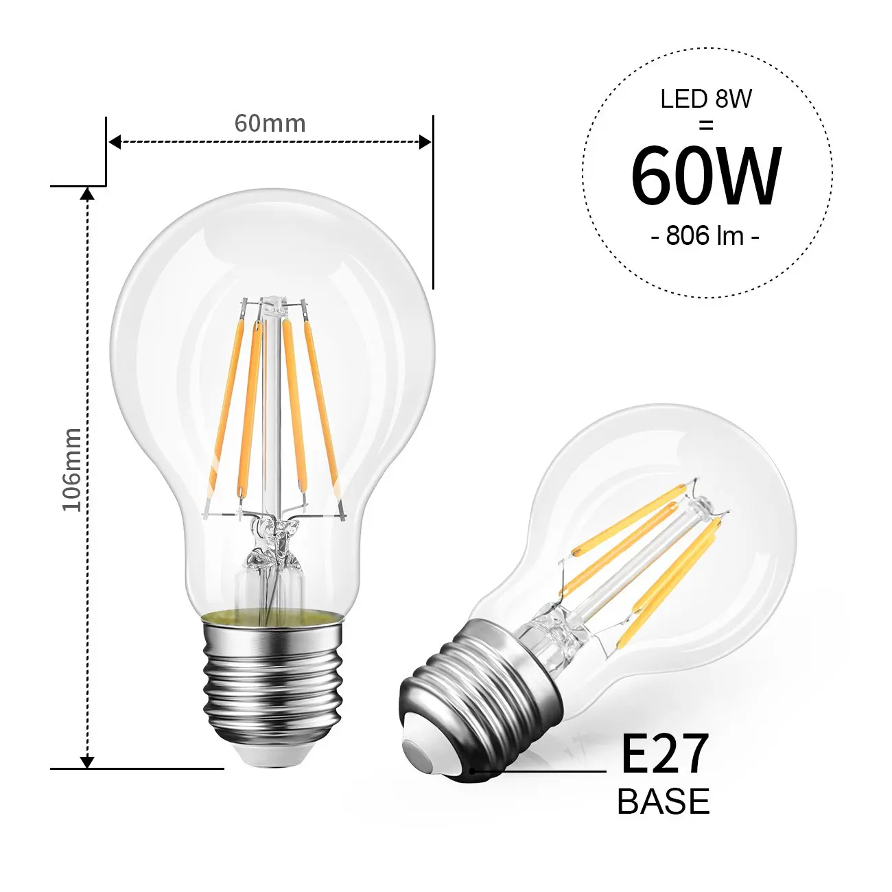 Светодиодный свет лампы Эдисона лампа накаливания A60 лампа E27 110-240V 4/8 Вт эквивалент до 40/80 Вт прозрачное накаливания [Класс энергопотребления A++]-6 шт. в упаковке