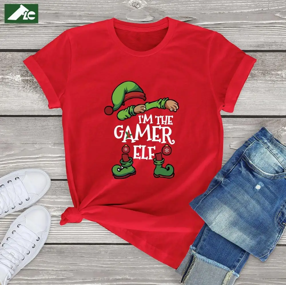 

FLC 100% Cotton Christmas Cute Santa Women tshirt I'm The Gamer Elf Unisex Christmas Anime Women T Shirt harajuku tops bts gift