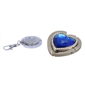 

2 Pcs Handbag Purse Metal Rhinestone Hook Hanger Holder Keyring, Apple-Folding & Heart-Shape