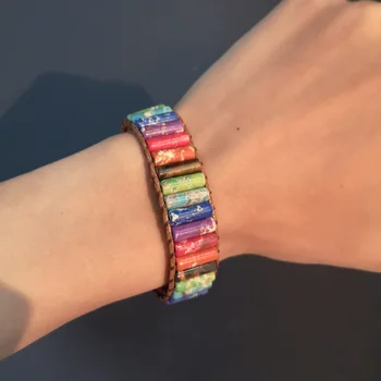 

New Cylindrical Hand-knotted Seven Chakras Emperor Stone Adjustable Bracelet Colorful Natural Stone Beads Leather Wrap Bracelet