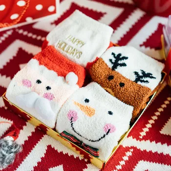 

4 Pairs Christmas Couples Socks Soft Coral Velvet Breathable Winter Warm Socks Cute Unisex Socks Gift With Exquisite Box z1018