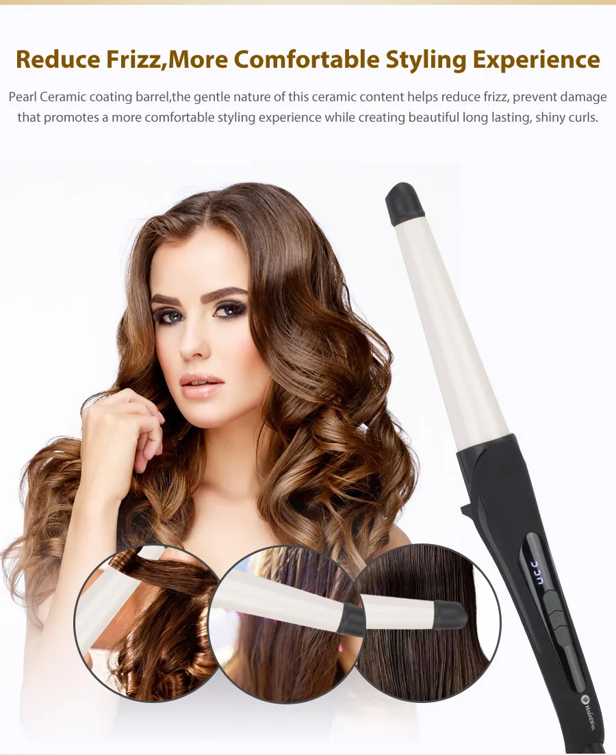 Pearl Ceramic coating barrel,the gentle nature of this ceramic content helps reduce frizz, prevent damage that promotes a more comfortable styling experience while creating beautiful long lasting, shiny curls