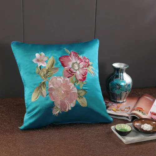Атлас Вышивка Узор цветы пиона Подушка Cojines Decorativos Para диван год домашние декоративные подушки - Цвет: 02