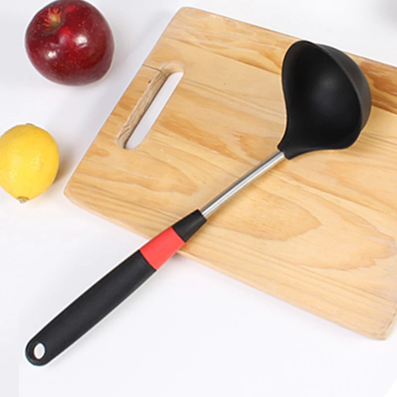 Round Silicone Soup Spoon Stainless Steel Handle Ladle Heat Resistant Porridge Soup Spoon Mixing Serving Kitchen Utensils