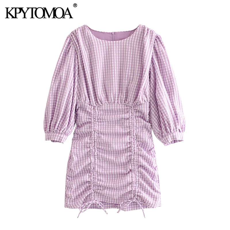 KPYTOMOA Women 2020 Chic Fashion Lace up Pleated Plaid Mini Dress Vintage O Neck Three Quarter Sleeve Female Dresses Vestidos|Dresses| - AliExpress