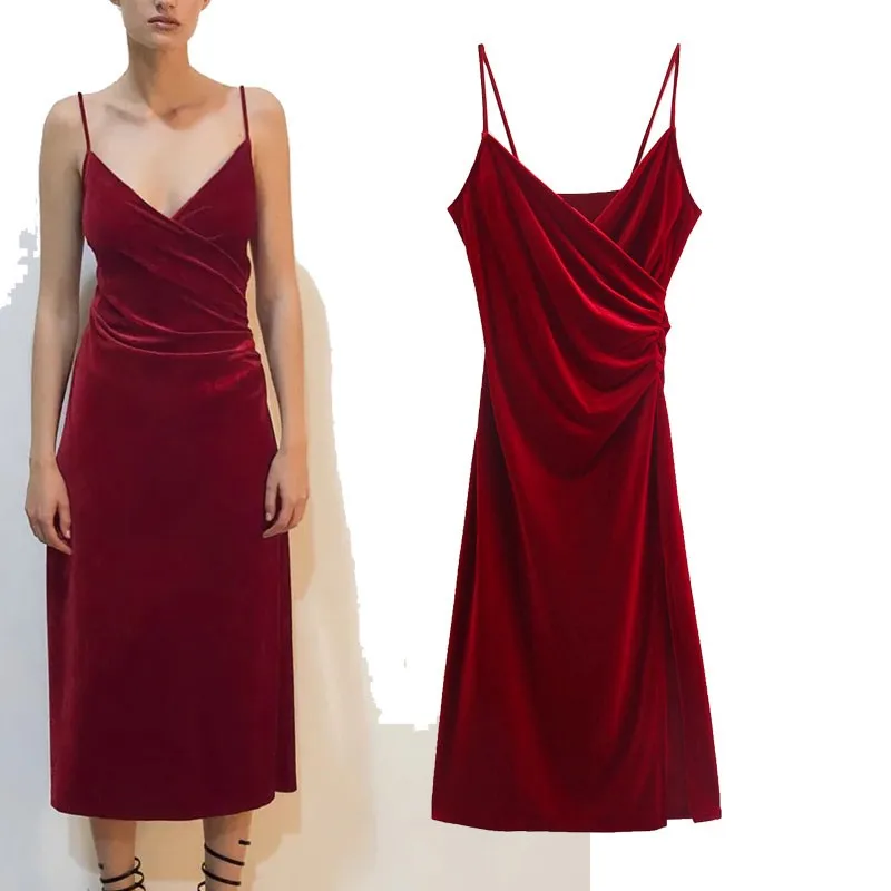 Элегантное Плиссированное бархатное платье-миди ZA для женщин красное вечернее