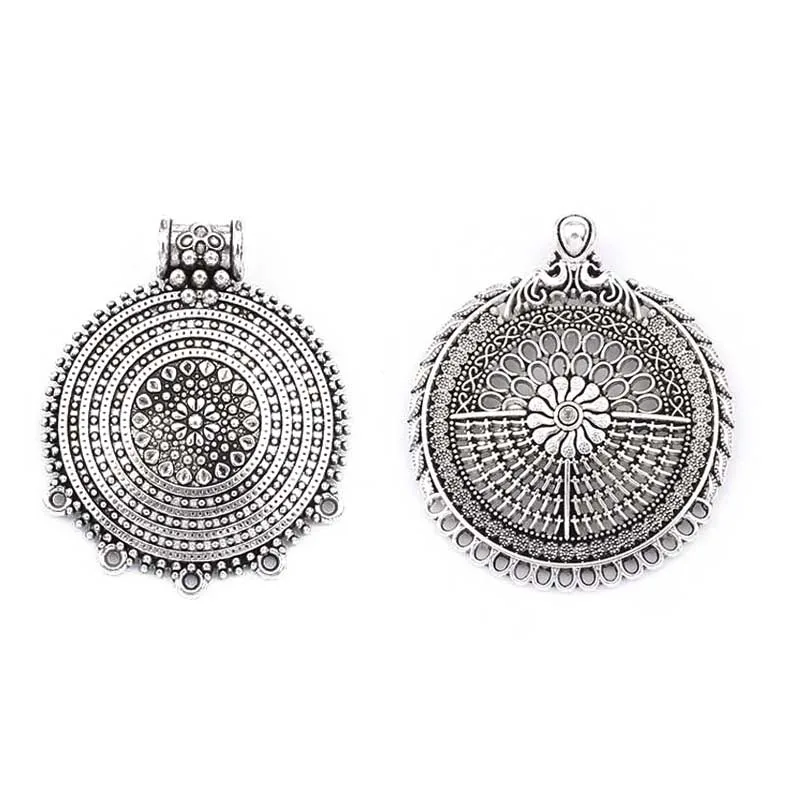 

5pcs Large Antique Silver Hollow Carved Connector Pendants Flower Charms For Necklace Making Findings