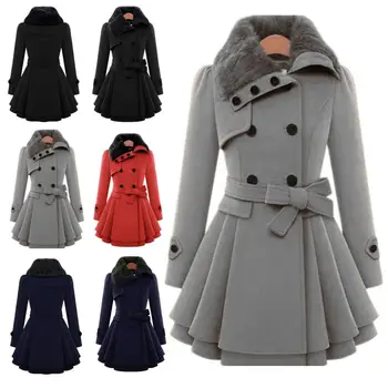 

Winter Women Jackets Solid Color Women Blends Faux Fur Lapel Woolen Blends Belted Hooded Coat Outwear Women's Wool Coats
