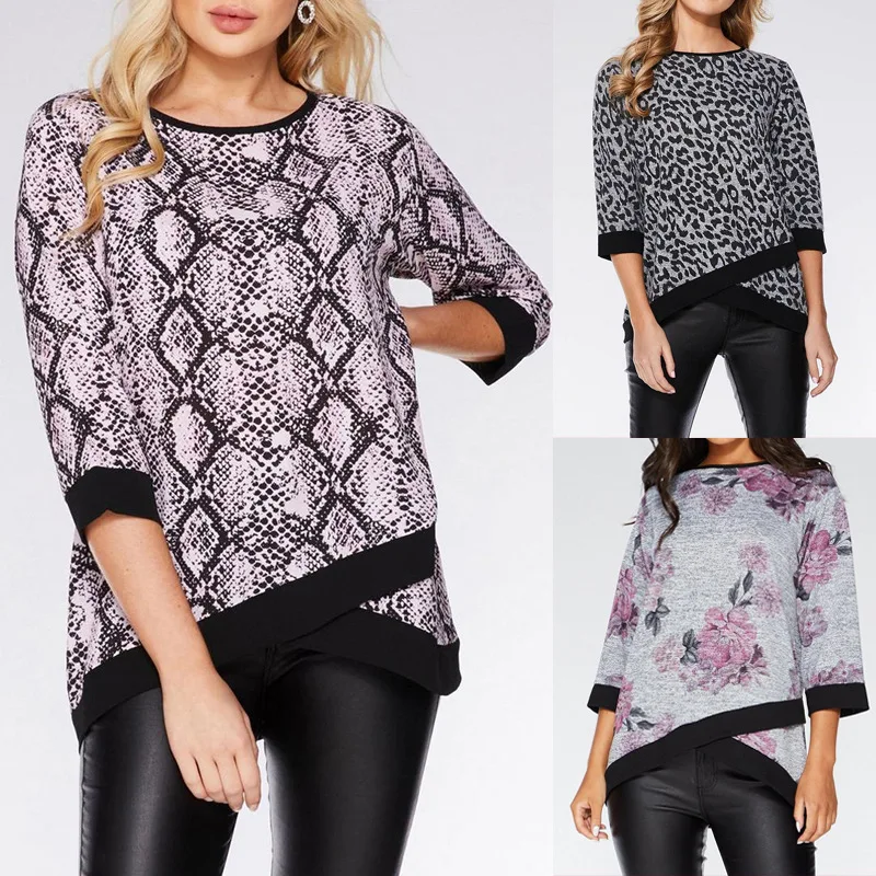 

Hot sale 2019 autumn and winter women's new long-sleeved round neck Leopard tiger Grain Flower printing irregular hem T-shirt