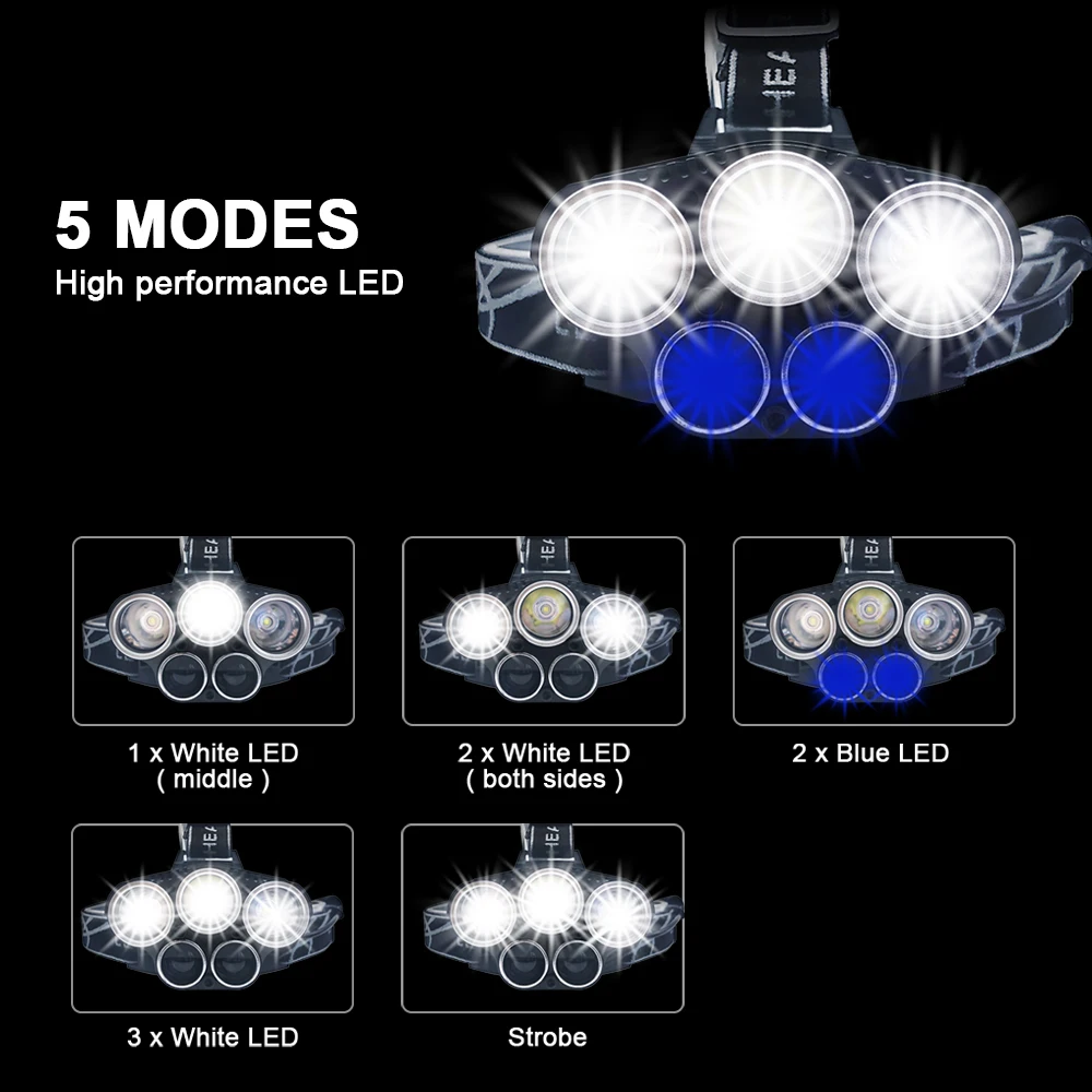 USB Перезаряжаемый светодиодный налобный фонарь 3 белый+ 2 синий светильник водонепроницаемый светодиодный налобный светильник для рыбалки с 18650 батареей