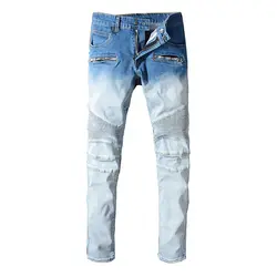 Seveyfan мужские джинсы с галстуком и краской светло-голубые белые байкерские джинсы для мото плюс размер градиентный цвет облегающие