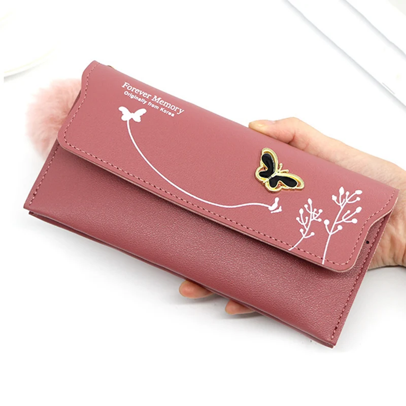 Elegant Women's Solid Color Fur Ball Wallet - PU Leather Long Wallet with Butterfly Card Holder Purse