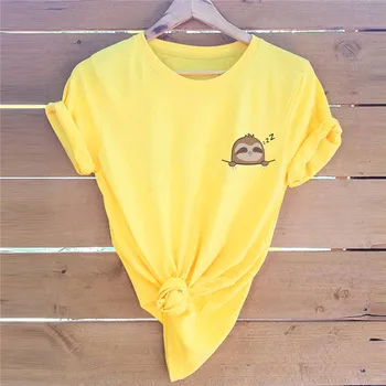 

Plus Size S-5XL Pocket Sloth Print T Shirt Women Shirts 100%Cotton O Neck Short Sleeve Tees Summer T-Shirt Pink Top TShirt Women