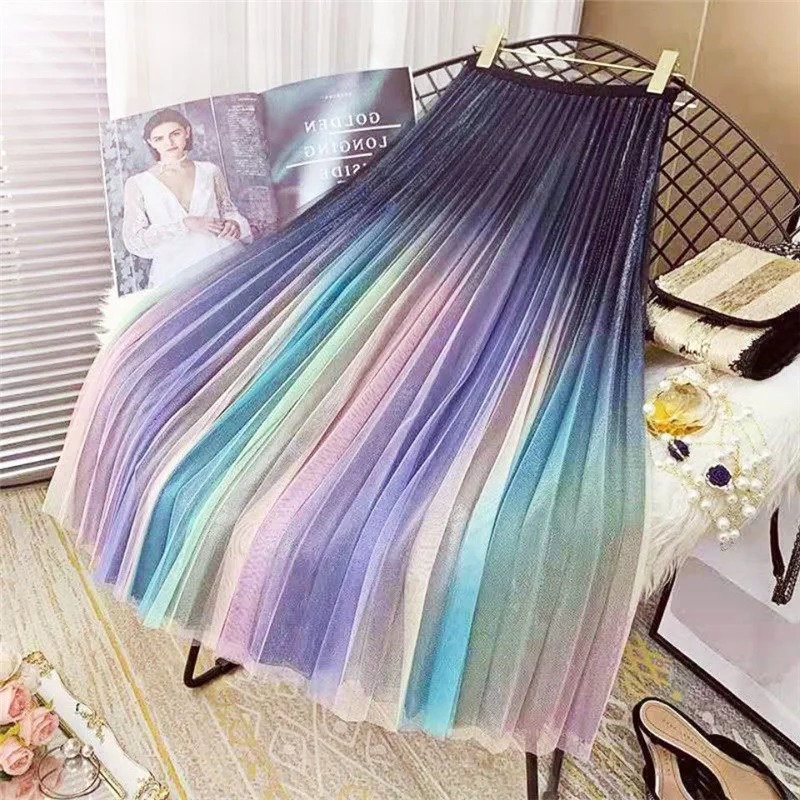 

Tulle Skirts Womens Midi Pleated Skirt Rainbow Colors Tulle Skirt Women 2023 Spring Summer Elastic High Waist Mesh Tutu Skirt