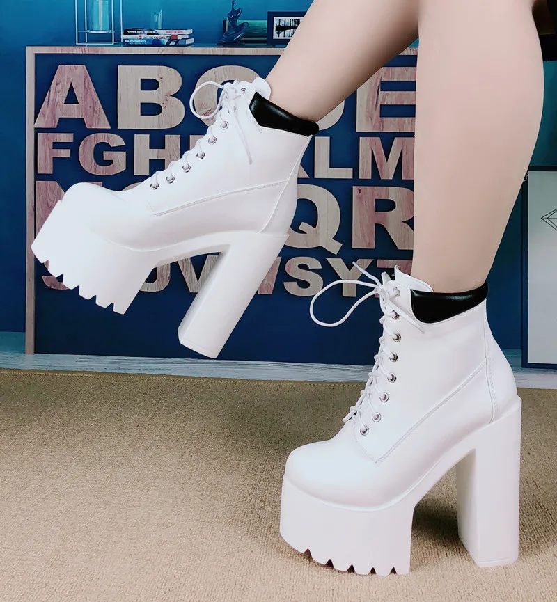 

White Nightclub Model Catwalk Short Boots 14Cm Square Heel Super High Heel Women's Boots Fashion Martin Knight Boots Ankle Boots