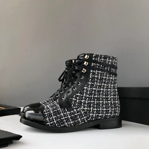 black Junetxin/женские ботильоны с круглым носком; теплые весенне-зимние ботинки на шнуровке; обувь в клетку с узором в клетку; 4 цвета; Size35-40 на низком каблуке - Цвет: black