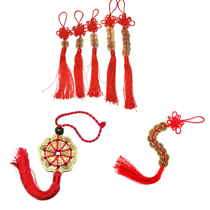 

2019 New Retro 1-6 Coins Red Chinese Knot Copper Feng Shui Wealth Success Lucky Charm Home Car Hanger Decors
