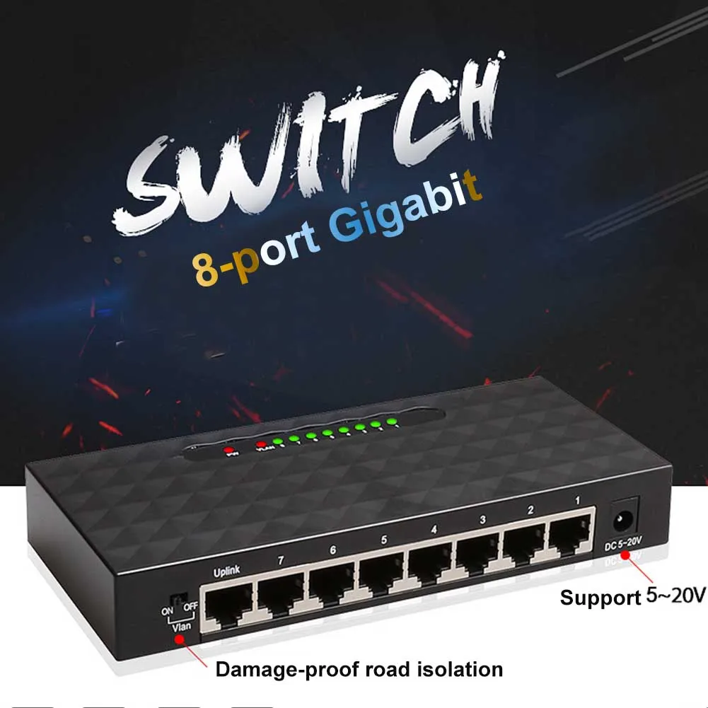 8 Порты и разъёмы Настольный сетевой самоадаптацией Ethernet-коммутатор домашний коммутатор Gigabit RJ45 сплиттер дуплексный режим концентратор 1000 Мбит порт LAN прочный - Цвет: Black US