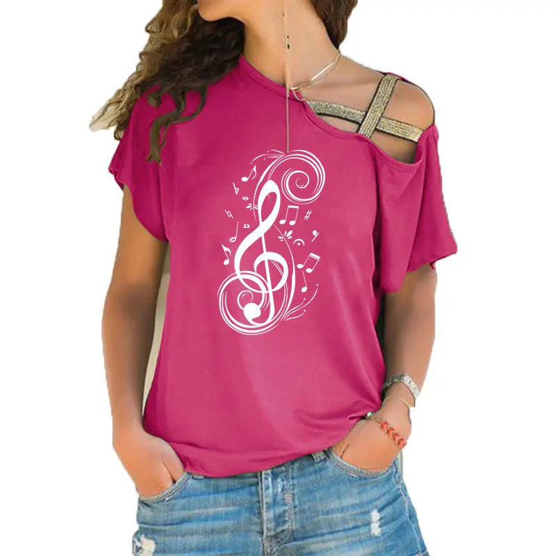 Женская музыкальная Нотная графическая футболка, музыкальная Женская модная новая футболка с асимметричным перекосом, с перекрестной повязкой, хлопковая футболка, топы - Цвет: 17