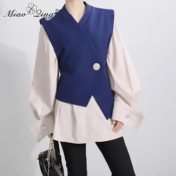 

MIAOQING Women's suit shirt oversize long-sleeved plaid blouse long shirt blue asymmetric vest two-piece new forfall2019newstyle