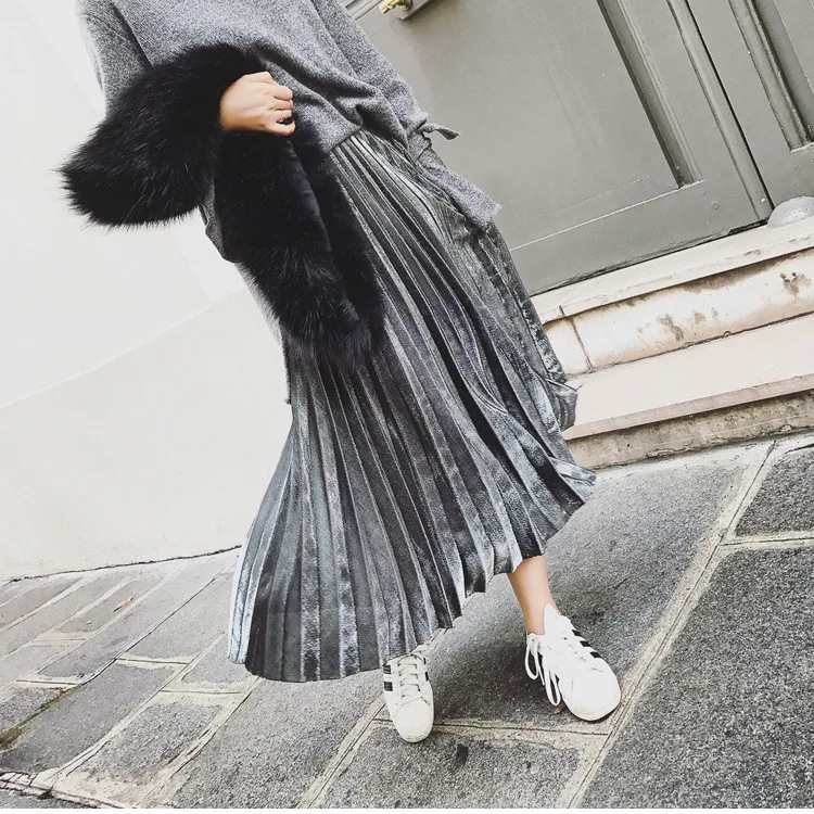 Плиссированная Женская юбка, свободная, а-силуэт, размера плюс, зима, осень, элегантная, высокая талия, Ретро стиль, металлический цвет, классная женская нижняя часть