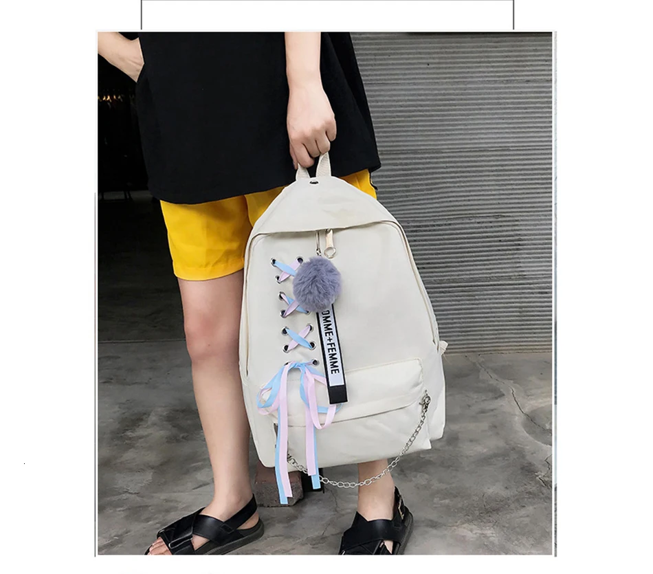 Herald Fashion 4 шт./компл. с бантом из ленты; письмо рюкзак однотонные парусиновые с меховыми помпонами для рюкзак для отдыха и путешествий школьные рюкзаки для девочек школьная сумка