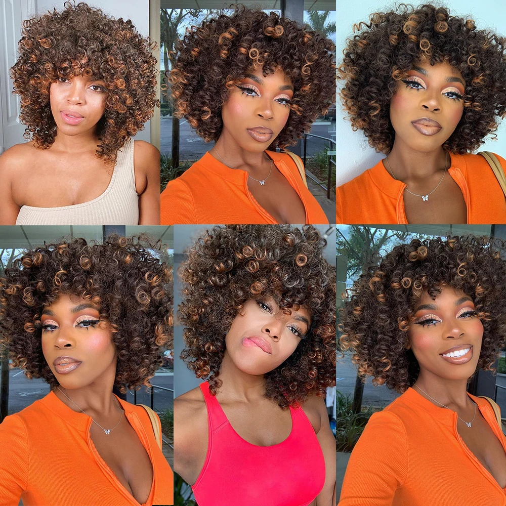 Peruca com Franja Peruca de Cabelo Comprimento do Ombro Resistente ao Calor para África Afro Kinky Encaracolado Curto Sintético Fibra América Preto 3 Apliques e perucas