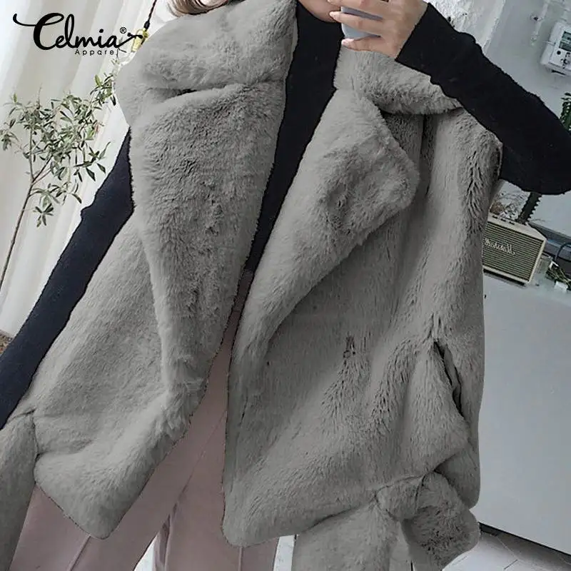 

Fluffy Waistcoat Women Vest Celmia 2019 Winter Warm Casual Sleeveless Plush Outwear Cardigan Pockets Solid Coat Plus Size Jumper