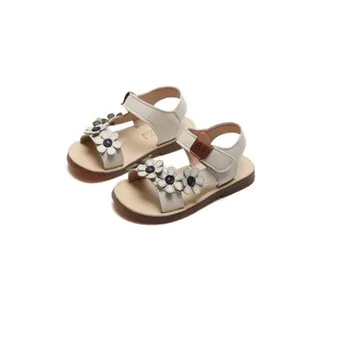 

New Summer Sandals Girls Shoes Princess Flat Beach Shoes Kids Open toe Flowers Children PU Leather Student Sandals 019
