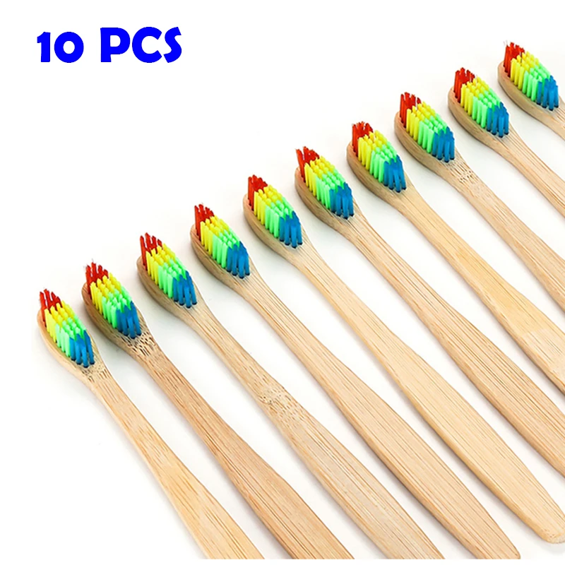 

10Pcs New Toothbrush Eco-Friendly Rainbow Bamboo Soft Fibre Toothbrush Biodegradable Teeth Brush Solid Bamboo Handle Toothbrush