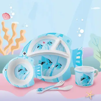 

5PCS Fiber Kids Fish Dinner Tableware Set Divided Food Plate Dining Tray Feeding Cup Meal Dish Spoon Fork for Children Baby