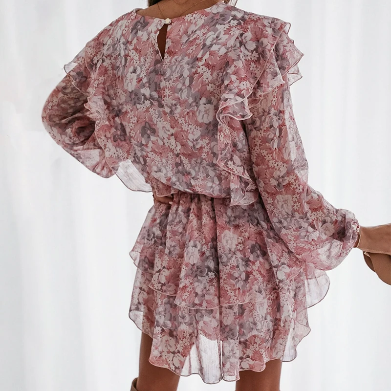 Simplee women floral print dress Elegant puff sleeve a-line chiffon sash dress High waist work wear office lady pink dress 2020