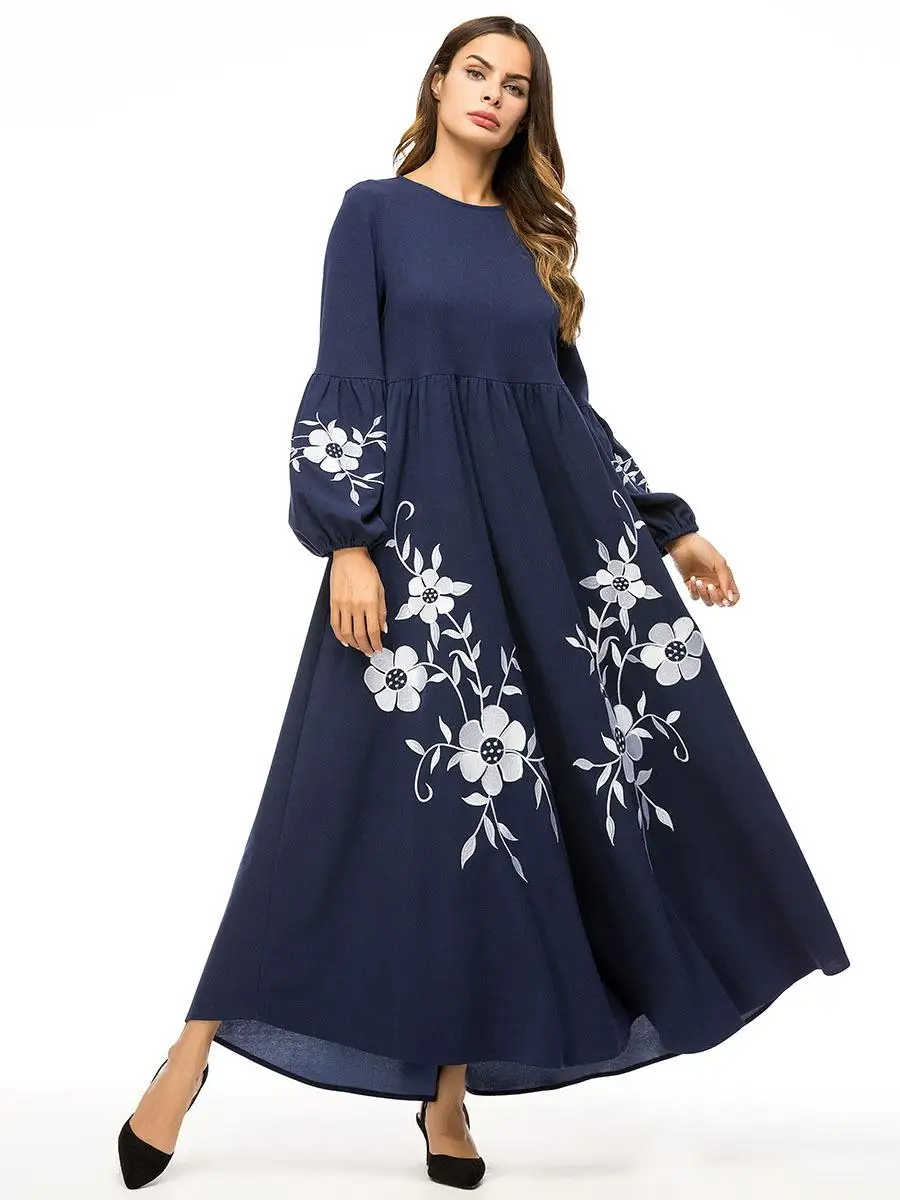 Abaya Дубайский мусульманский женское с буфами длинным рукавом Макси платье с цветочным принтом jilбаб арабский халат платье-Кафтан Исламская