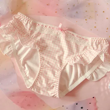 

Japanese Soft Sister Sweet Pink Mid-waist Plaid Panties Milk silk Ribbon Girls Student Kawaii Cute Bowknot briefs Preppy Style