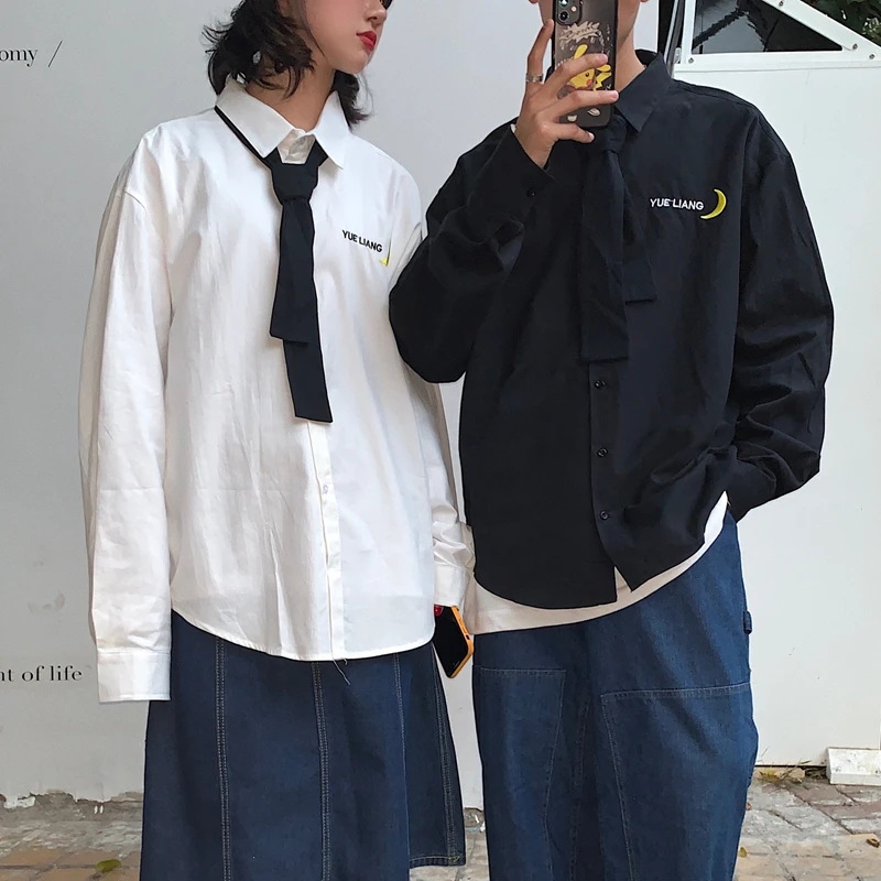 

Dress Shirts Oversized Teens Couple Clothes Moon Embroidered Tops Blouse Korean Fashion Long Sleeve Shirts for Men Including Tie