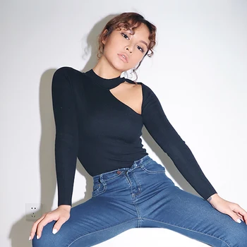 

2019 new fashion casual women's clothing Sexy openwork slim pullover sweater female black elastic high collar