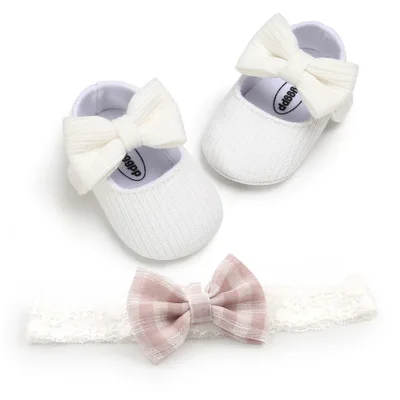 FOCUSNORM Infant Baby Girls Boys Shoes and Headband Solid Color Anti-Slip Shoes+ Plaid Bowknot Headwear