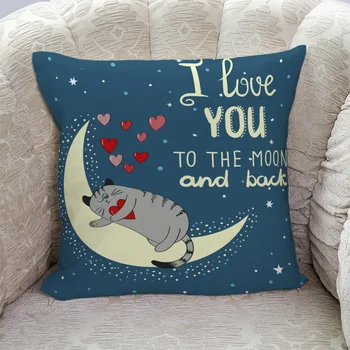

I Love You To The Moon And Back Cat Blue Pillow Covers Cases Cushion Pillowcase Square Print