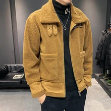 Осенне-зимнее Мужское пальто из овечьей шерсти, куртка из искусственной кожи, толстая теплая меховая подкладка с высоким воротом, верхняя одежда на молнии с отворотом, верхняя одежда, пальто