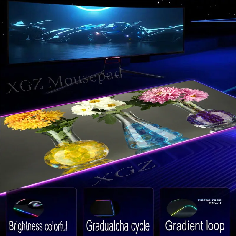 XGZ трехцветные цветы на сером фоне большой RGB коврик для мыши замок-край компьютерная клавиатура стол коврик резиновый нескользящий Csgo Gamer