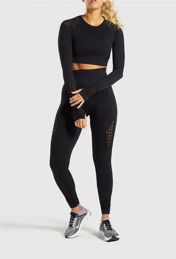 Black Yoga Sets Сексуальный комплект с сеткой для йоги, футболка для йоги+ штаны для тренировок с управлением животиком, женские быстросохнущие тренировочные штаны, фитнес-йога, бег, спорт - Цвет: Black Yoga Sets