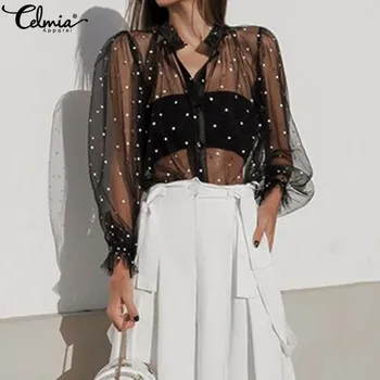 

Sexy See through Mesh Sheer Celmia Women Blouse Polka Dot Long Lantern Sleeve Female Shirts Tunic Top Casual Party Blusas S-5XL
