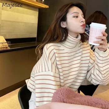 

Sweaters Women Slim High Quality Hot Sale Knitted Loose Elegant Womens Turtleneck Pullovers Striped Elasticity All Match Kawaii